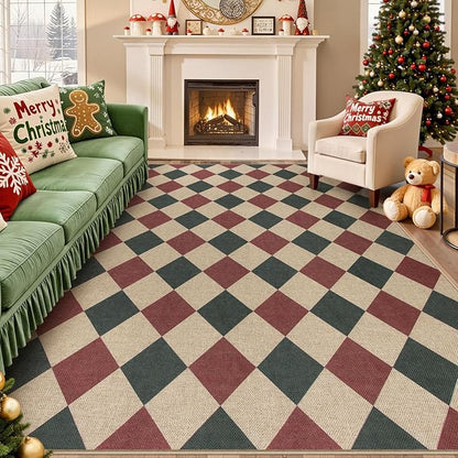Lahome Christmas Rugs for Living Room, 8x10 Christmas Decorations Red and Green Rug, Checkered Outdoor Non Slip Non Shedding Xmas Decor for Bedroom Dining Room Deck