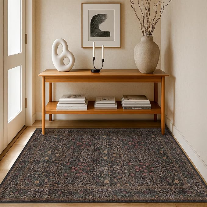 Washable Dark Taupe Brown 4x6 Area Rugs for Living Room, Bedroom Bedside Rug, Kitchen, Mudroom, Non-Slip Low Pile Ultra Soft Stain Resistant, Small Vintage Green Botanical Floral Carpet