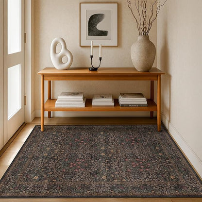 Washable Dark Taupe Brown 4x6 Area Rugs for Living Room, Bedroom Bedside Rug, Kitchen, Mudroom, Non-Slip Low Pile Ultra Soft Stain Resistant, Small Vintage Green Botanical Floral Carpet
