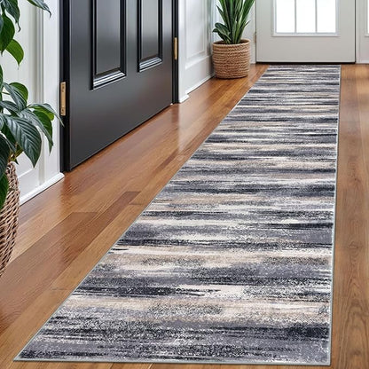 Modern Abstract Runner Rug 2x10, Grey Black Multi Washable Long Kitchen Runner Non-Slip Soft Hallway Rug Runner Thin Print Faux Wool Carpet for Entryway Bedroom Laundry Room Indoor Home Decor