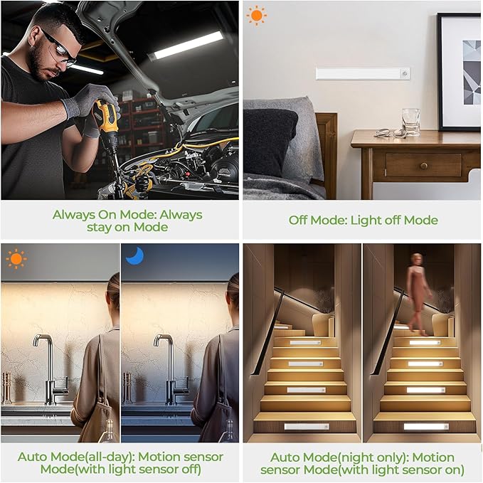 12in Under Cabinet Lights,90 LEDs,USB-C 2500mAh Rechargeable Battery,3 Color Temperature,Dimmable,Motion Sensor Cordless Under Counter Light for Wardrobe,Cupboard,Kitchen,Stairs(2pack 3CCT)