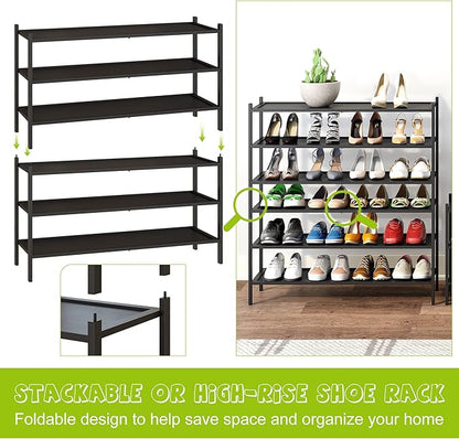 BMOSU 3-Tier Bamboo Extended Shoe Rack Premium Stackable Shoe Shelf Storage Organizer for Hallway Closet Living Room Entryway Organizer(Black)
