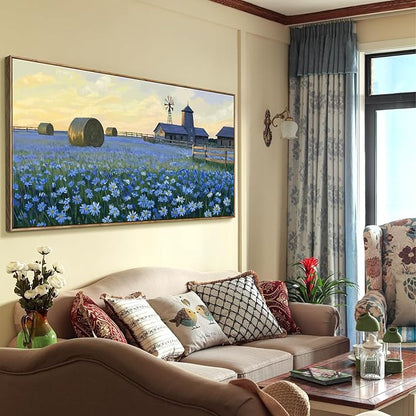 ARTZON Framed Oversized Living Room Wall Art Farmhouse Daisy Flower Barn Canvas Print Countryside Sunset Wildflower Landscape Picture Nature Rustic Blue Yellow Artwork for Bedroom Office Decor 58"×29"