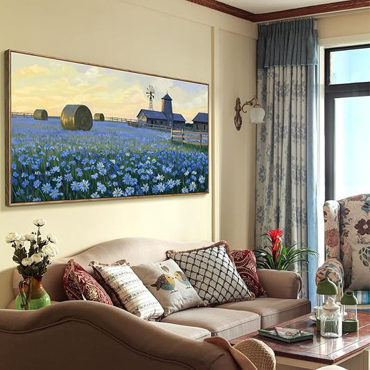 ARTZON Framed Oversized Living Room Wall Art Farmhouse Daisy Flower Barn Canvas Print Countryside Sunset Wildflower Landscape Picture Nature Rustic Blue Yellow Artwork for Bedroom Office Decor 58"×29"