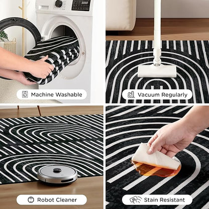 2x6 Washable Black Runner Rugs for Kitchen, Soft Abstract Rainbow Boho Rug for Bedroom Bedside Laundry Room Bathroom,Modern Non Slip Low Pile Floor Mat