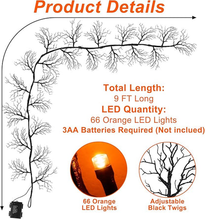 9 FT 66 LED Halloween Black Garland Willow Vine Twig Decor with Orange Light, 8 Modes & Timer Battery Operated Waterproof Halloween Decorations Indoor for Mantle Fireplace Home Office Party Decor