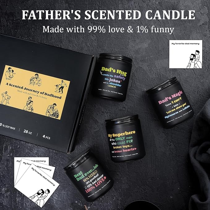 Scented Candles for Men, 4 Pack Mens Candle Set for Dad, 28oz Soy Dad Candles for Home Scented - Lavender Woods/Smoke Vanilla/Vintage Oak/Leather, Gifts for Father, Birthday, Father’s Day