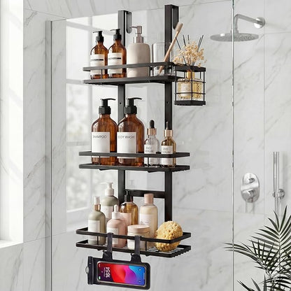 Over the Door Shower Caddy Hanging, Rustproof Shower Shelves with Waterproof Phone Pouch, 3-Tier Adjustable Bathroom Organizers and Storage, No Drilling Shower Shelf, Black Shampoo Soap Holder