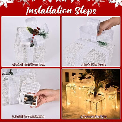 Christmas Light up Gift Boxes, Light up Xmas Boxes with Battery Operated for Christmas Decorations Indoor and Outdoor (3 Pack)