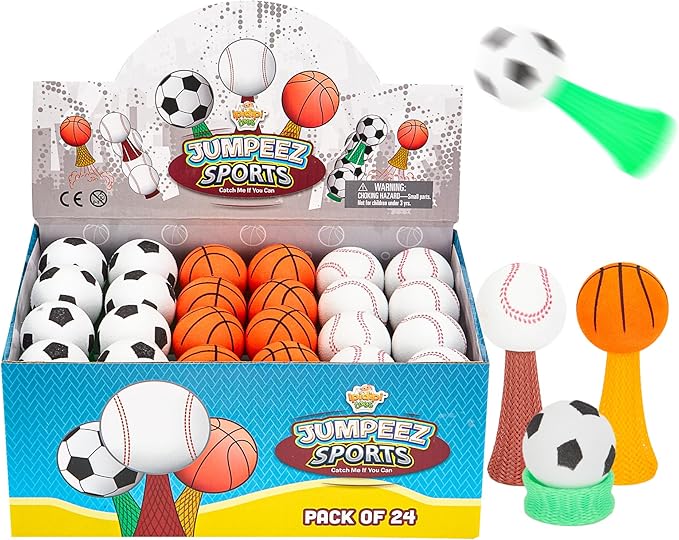 IPIDIPI TOYS Jumpeez Sport Ball Rocket Poppers – 24-Pack Jumping Spring Launcher Toys – Ideal Stocking Stuffers for Kids, Birthday Party Favors, Goodie Bag School Prizes for Boys & Girls