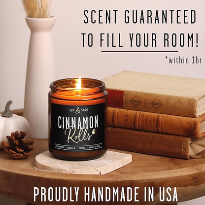 Cinnamon Candle, Fall Candles, Christmas Candles - 'Cinnamon Rolls' Autumn Scented Soy Candle for Home, 9oz Reusable Jar, 50Hr Burn, Made in USA