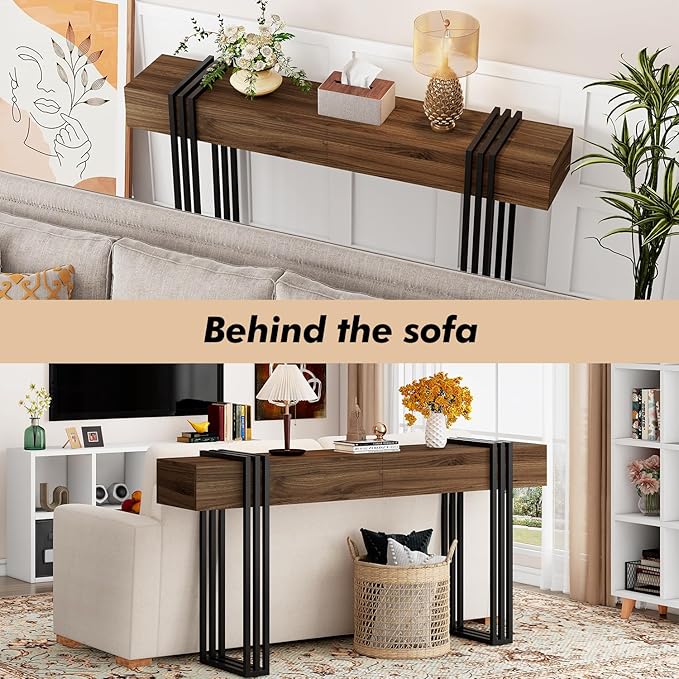 63 Inch Console Table for Entryway, Industrial Sofa Tables Couch Table Behind Sofa for Living Room Hallway Foyer, Walnut