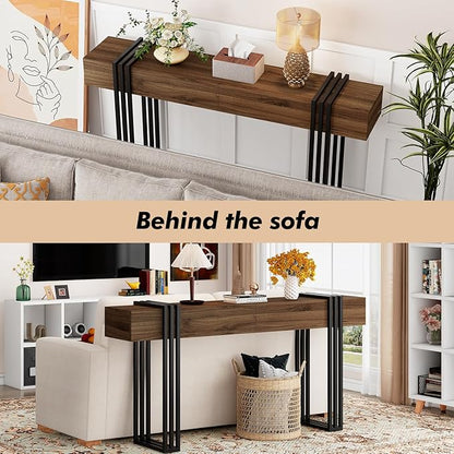 63 Inch Console Table for Entryway, Industrial Sofa Tables Couch Table Behind Sofa for Living Room Hallway Foyer, Walnut