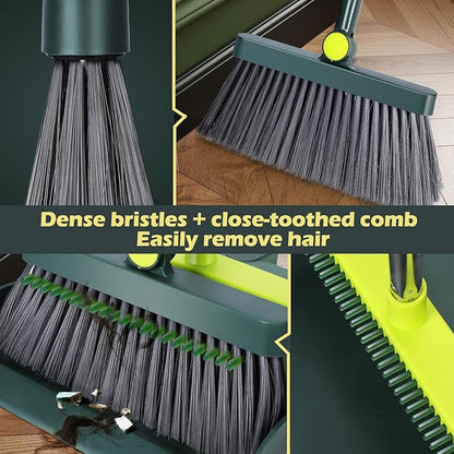 Broom and Dustpan Set – Stainless Steel Long-Handled Broom, Upright Broom with Self-Cleaning Hair Dustpan Teeth, Indoor & Outdoor Use, Suitable for Office, Kitchen & Bathroom