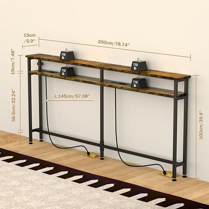 78 Inch Double-Layer Narrow Console Sofa Table with 2 Power Outlets&4 AC Plugs&4 USB Ports, 4.9' Extension Cord Included, Behind Couch Table for Living Room/office Easy Assembly - Rustic Brown
