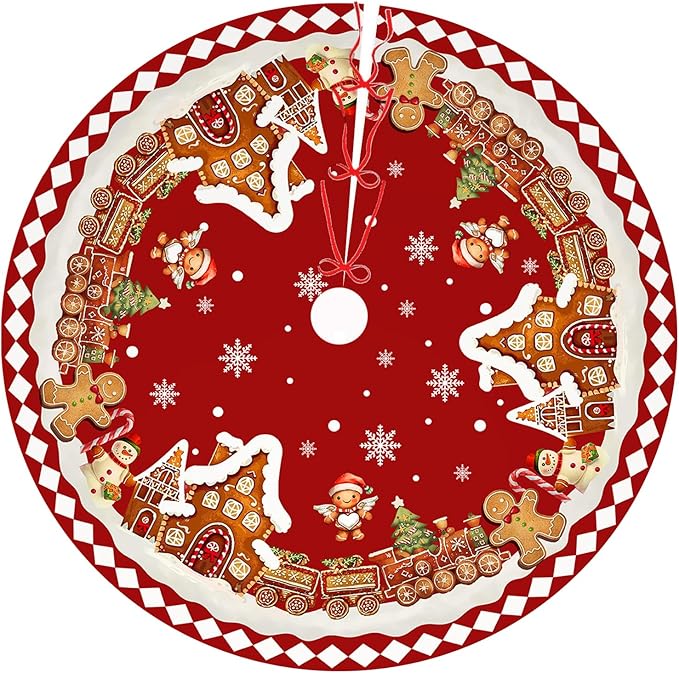 Red Gingerbread Christmas Tree Skirt Decorations House Decor Christmas Gingerbread Tree Ornaments Holiday Party Indoor Outdoor Xmas Trees Mat 36 inches