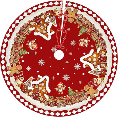 Red Gingerbread Christmas Tree Skirt Decorations House Decor Christmas Gingerbread Tree Ornaments Holiday Party Indoor Outdoor Xmas Trees Mat 36 inches