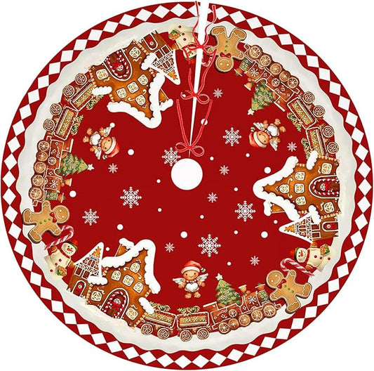 Red Gingerbread Christmas Tree Skirt Decorations House Decor Christmas Gingerbread Tree Ornaments Holiday Party Indoor Outdoor Xmas Trees Mat 36 inches