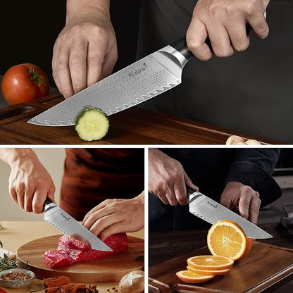 Damascus Knife Block Set,Sharp Knife Set,Ergonomic Non-slip Handle,Chef Knife Set with Built-in Sharpener,Luxury Gift for Holiday(Silver,14PCS)