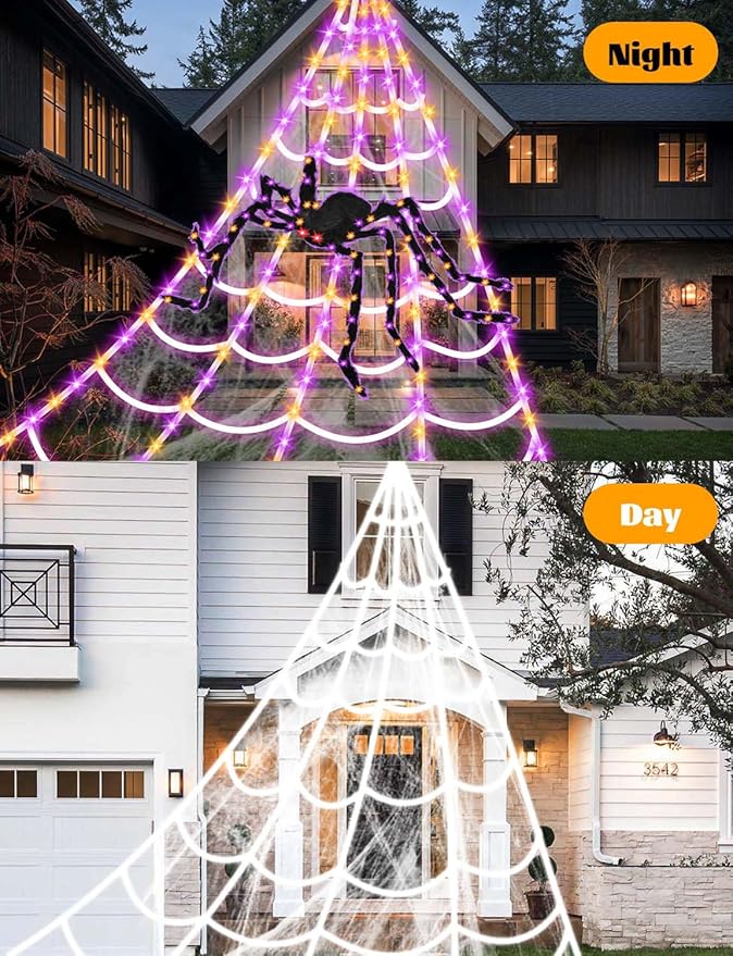 Giant Spider Webs Halloween Decorations - 250 LEDs Outdoor Halloween Decor Lights,16.4FT Net, 4Ft Light-up Spider, 8 Modes,Waterproof & Timer for Yard Porch Garden,Outside Costumes Party (with Spider)