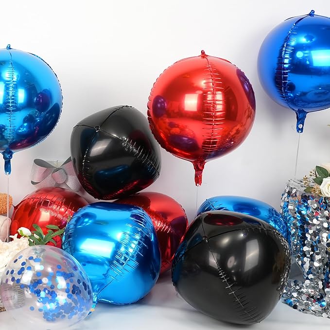 Red Blue Black Round Foil Balloons 9 pcs,Metallic Giant 4D Round Balloons 22 Inch for Birthday Baby Shower Kids Boys Party Decorations