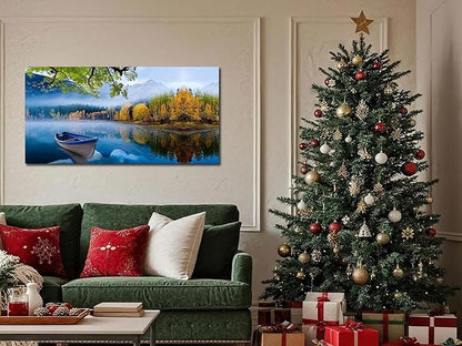 Arjun Lake Canvas Wall Art for Living Room Blue Mountain Picture Bedroom Sky Nature Landscape Boat Artwork Modern Scenic Nature Painting Framed Large Size Home Office Dining Room Wall Decor 40"x20"