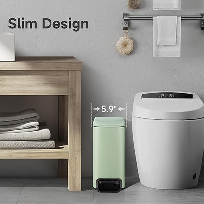 TIPGO Slim Bathroom Trash Can with Lid Soft Close, 6 Liter / 1.6 Gallon Stainless Steel Garbage Can with Removable Inner Bucket, Step Pedal, Small Trash Cans for Bedroom, Office, Kitchen (Green)