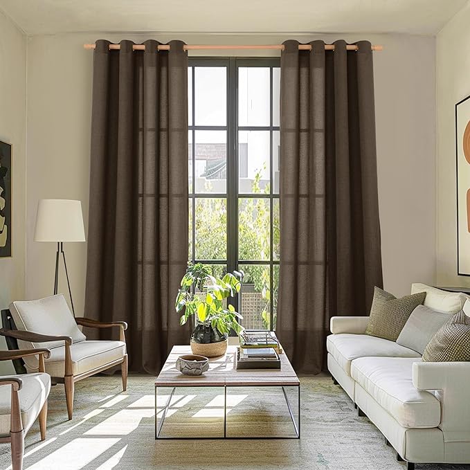 YoungsTex Brown Linen Curtains 90 Inches Length for Living Room,Chocolate Semi Sheer Window Treatments with Bronze Grommet Light Filtering for Bedroom Dining Room Farmhouse, 52 x 90 Inch, 2 Panels