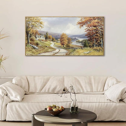KLAKLA Landscape wall art - Autumn Rustic Field Burnt Orange Tree Landscape PictureC anvas Frame Artwork Farm Log Cabin Farm Wall Decor for Living Room Bedroom Office - 40x20 Inches
