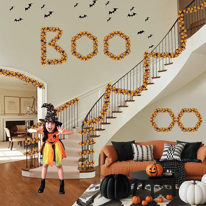 33FT Halloween Tinsel Garland with Orange Pumpkin Ornament, Shiny Metallic Twist Garland Outdoor Indoor Halloween Decorations for Home Table Office Classroom Fireplace Mantle Party Decor