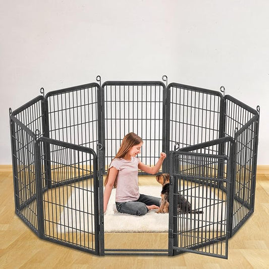 Dog Playpen Outdoor, 32" Height 10 Panels Pet Fence with Low Threshold Full Gate, Large Dog Fence Outdoor for Yard, Heavy Duty Pet Playpen Metal Play Pen Fence for RV Camping