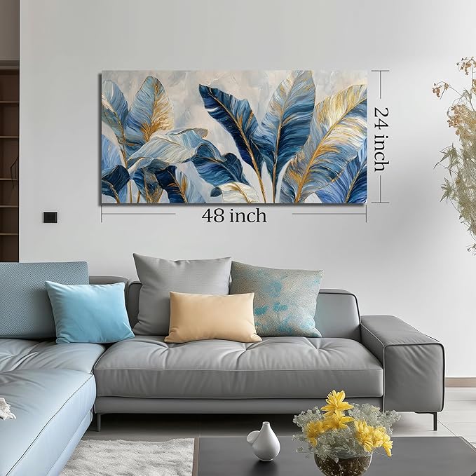 JuhaiArt Gold Banana Leaf Canvas Art for Living Room Bedroom Blue Botanical Picture White Wall Decor 24" x 48"