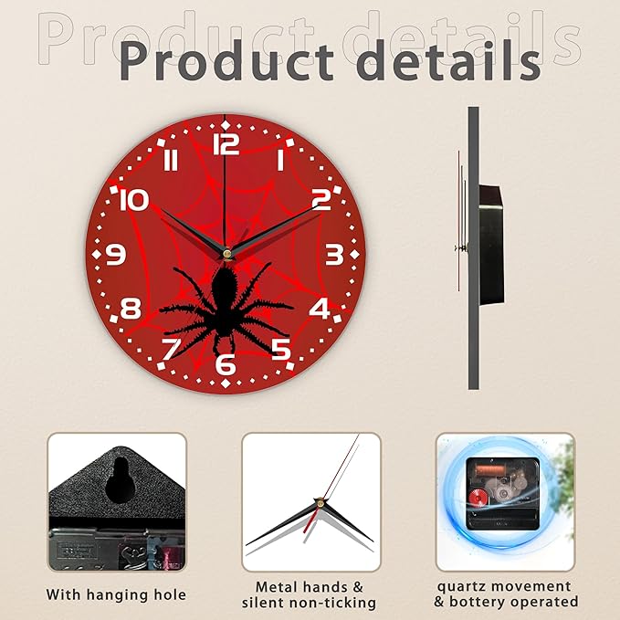 Spider On Spider Web Wall Clock Vintage Wooden Wall Clock Silent Non-Ticking Battery Operated Arabic Numerals Wall Clocks Decorative for Kitchen, Office, Classroom 10 Inch