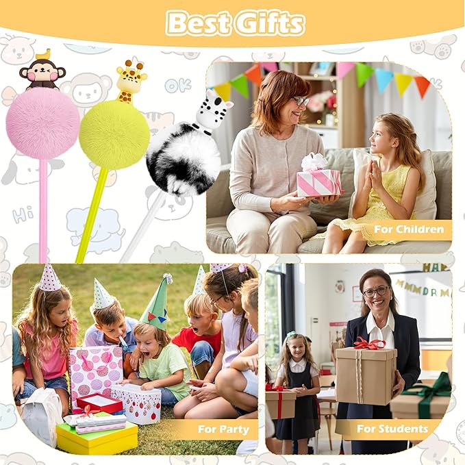 12 Pcs Pom Pom Pens with 3D Animals Fluffy Pen Cute Fun Kawaii Pens for Girl Colorful 3D Animals Shape Pompom Pen for Classroom Prizes Office Supplies