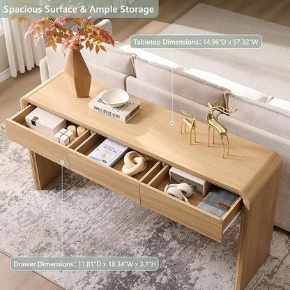 63'' Console Table with 3 Drawers, Modern Entryway Table with Curved Profile Design, Narrow Long Wood Sofa Table Behind Couch Table for Living Room, Hallway, Foyer, Natural
