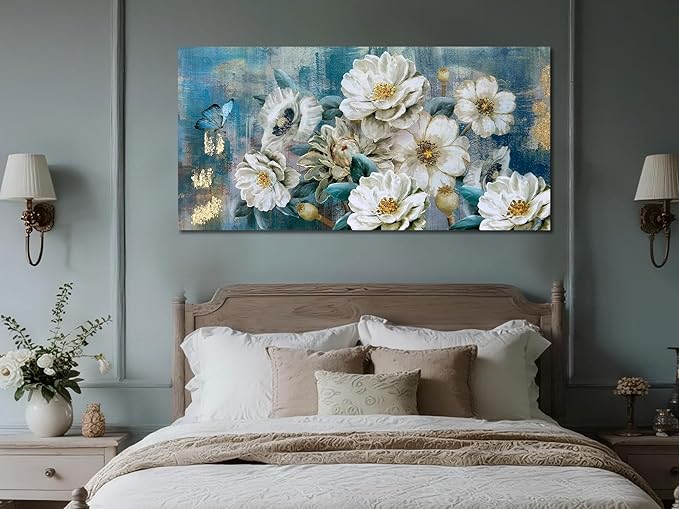 Arjun Flowers Canvas Wall Art for Bedroom White Elegant Teal Picture, Textured Floral Magnolia Painting Living Room Wall Decor Turquoise Large Artwork Dining Room Home Office 48"x24"