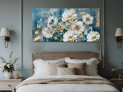 Arjun Flowers Canvas Wall Art for Bedroom White Elegant Teal Picture, Textured Floral Magnolia Painting Living Room Wall Decor Turquoise Large Artwork Dining Room Home Office 48"x24"