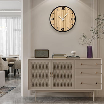 8 Inch Round Wall Clock Battery Operated Wooden, Non-Ticking Quartz Decorative Analog Clocks for Apartment, Living Room, Bedroom, Hallway, Classroom - Easy to Install & Read