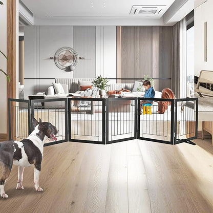 ZJSF Freestanding Dog Gate Indoor, Foldable Dog Fence for Doorways,Hallways or Stairs, Sturdy Wood Extra Wide Pet Gate with Support Feet,Black,24 "Height-6 Panels