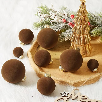 Velvet Christmas Ball Ornaments Set-46pcs Flocked Shatterproof Christmas Tree Decorations Plastic Xmas Decorative Hanging Ornaments for Xmas Holiday Home Decor,3 Sizes(Brown)