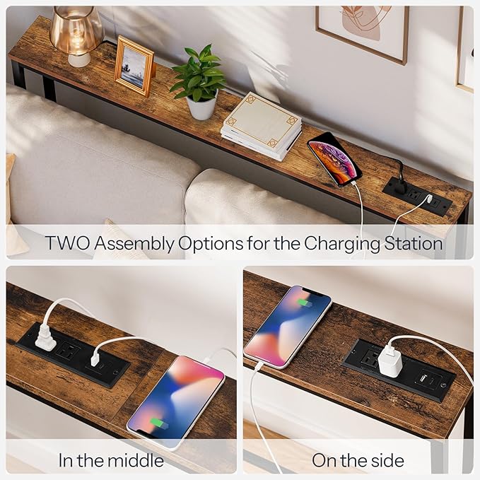 HOOBRO 2 Pack 5.9" Narrow Console Sofa Table with Power Outlets, 47.2" Long Behind Couch Table with Charging Station, Skinny Sofa Table for Living Room, Foyer, Rustic Brown BF15XGP201G1