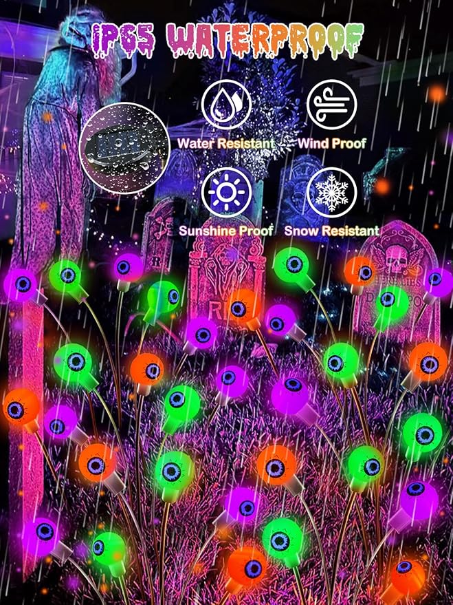 6 Pack Halloween Decorations Outdoor Solar Eyeball Lights, Purple Orange and Green Scary Eyeball Swaying Firefly Lights with 2 Modes, Waterproof Halloween Pathway Lights for Yard Garden Party Decor