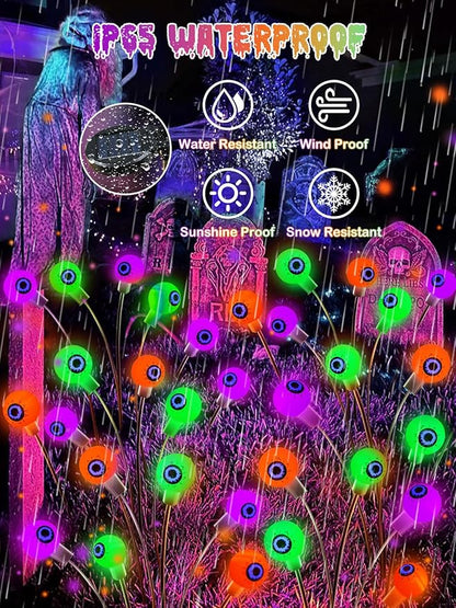 6 Pack Halloween Decorations Outdoor Solar Eyeball Lights, Purple Orange and Green Scary Eyeball Swaying Firefly Lights with 2 Modes, Waterproof Halloween Pathway Lights for Yard Garden Party Decor