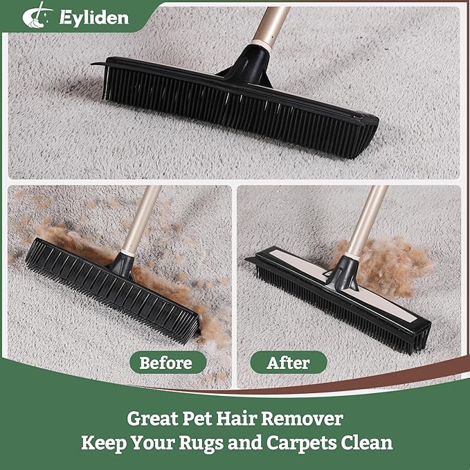 Eyliden Rubber Carpet Rake for Pet Hair, 2-in-1 Push Broom with Squeegee, 54" Telescopic Handle, Fur Water Remover Brush for Carpet, Rug, Hardwood, Tile Floors