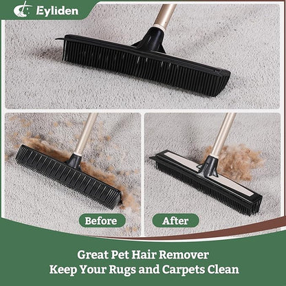 Eyliden Rubber Carpet Rake for Pet Hair, 2-in-1 Push Broom with Squeegee, 54" Telescopic Handle, Fur Water Remover Brush for Carpet, Rug, Hardwood, Tile Floors