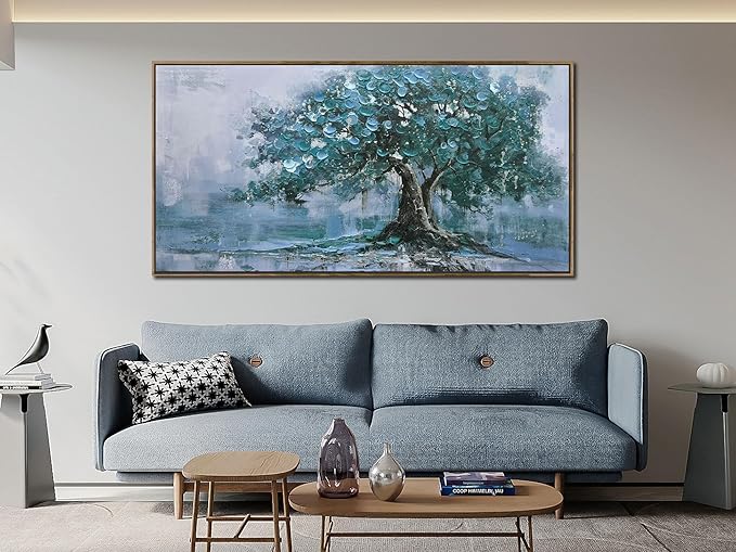 Ardemy Framed Tree Canvas Wall Art for Living Room Teal Tree of Life Landscape Bedroom Pictures Wall Decor Nature Paintings Artwork for Walls Home Office Dining Room Kitchen 40"x20"