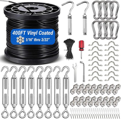 String Light Hanging Kit with 400FT Vinyl Coated 304 Stainless Steel Wire Rope, Globe String Light Suspension Kit, Outdoor Light Guide Wire Kit Included Turnbuckles, Enough Accessories, Use Manual