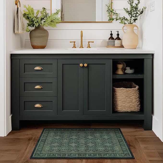 Jainmy Dark Green 2x3 Small Rugs for Entryway, Washable Non Slip Door Mat Indoor Entrance, Vintage Boho Floral Moroccan Printed Entry Rugs for Inside House Kitchen Bathroom, Low Pile Ultra Thin Soft