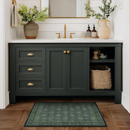Jainmy Dark Green 2x3 Small Rugs for Entryway, Washable Non Slip Door Mat Indoor Entrance, Vintage Boho Floral Moroccan Printed Entry Rugs for Inside House Kitchen Bathroom, Low Pile Ultra Thin Soft