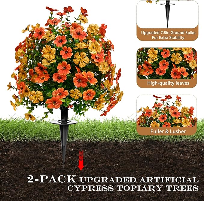 23" Set of 2 Artificial Boxwood Topiary Flowers Ball with Spikes for Outdoor Fall Decorations, Faux Greenery Shrubs,Fake Bushes Plants for Garden, Yard, Front Porch, Patio（Orange Green ）